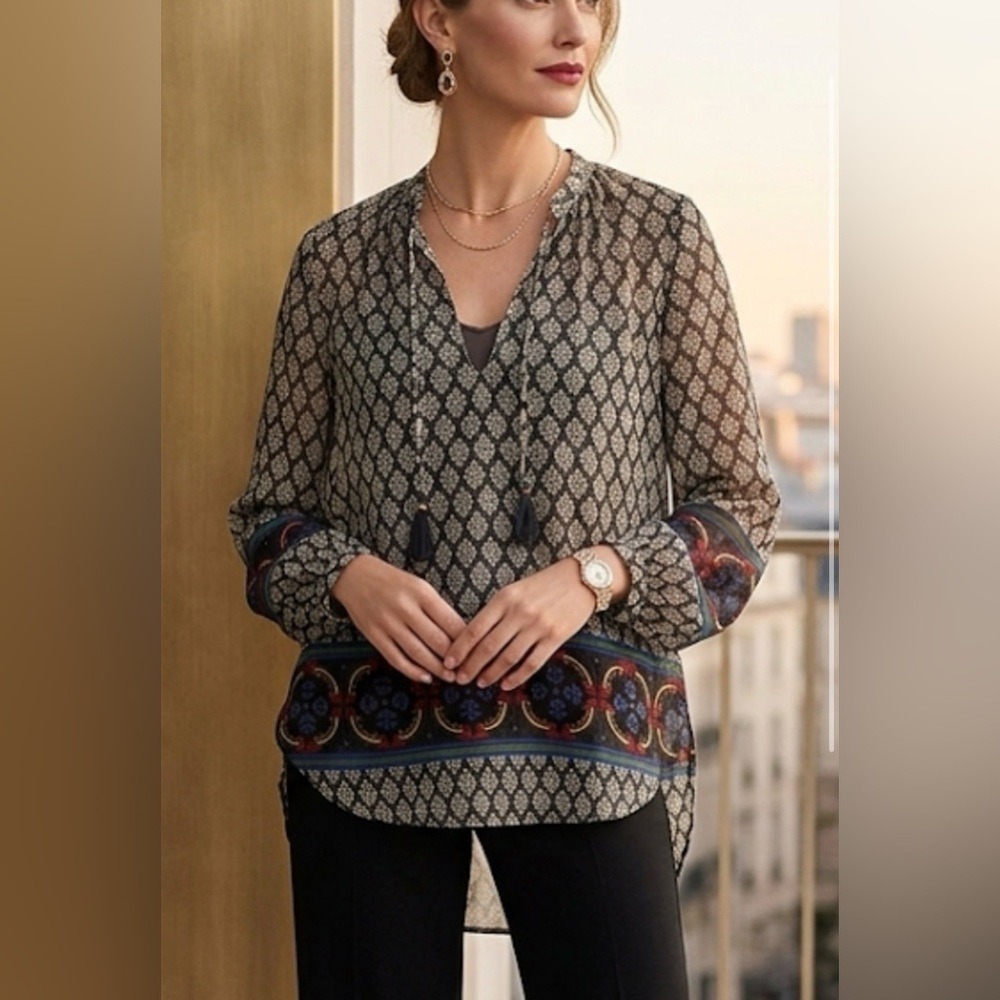 Timing Womens Damask Print Sheer Chiffon Tassel Tie Blouse GT2515-C Black Small